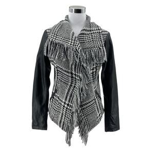 Guess Moto Jacket M Womens Black Wool Blend Faux Leather Arms Fringe Trim Plaid
